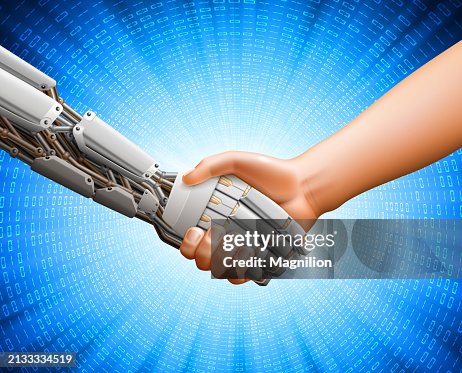 AI-Human Handshake, Robot Hand and Human Hand, Binary Code Background AI-Human Handshake, Robot Hand and Human Hand, Binary Code Background