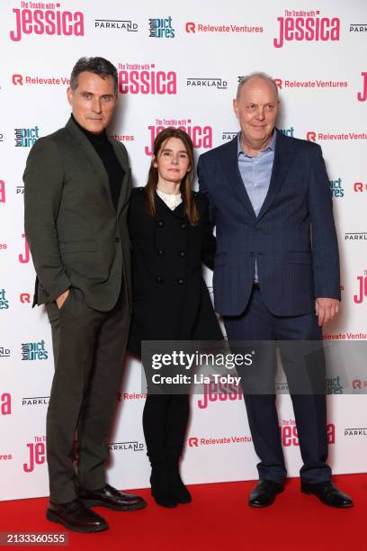 Rufus Sewell, Shirley Henderson and David Schaal attend the London premiere of "The Trouble With Jessica" at Vue West End on April 02, 2024 in...