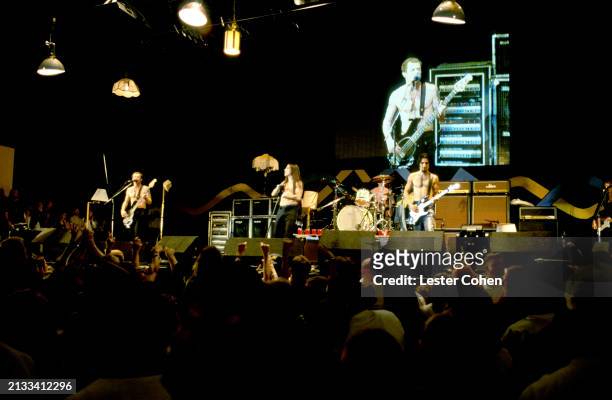 American musicians Flea, Anthony Kiedis, Chad Smith and Dave Navarro, of the American rock band The Red Hot Chili Peppers, perform on stage during a...