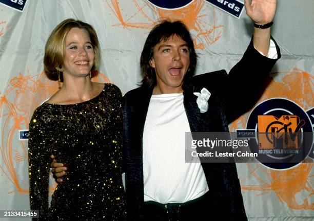 American actress Susan Dey and actor David Cassidy smile backstage during the 1990 MTV Video Music Awards at the Universal Amphitheatre in Los...