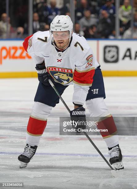 Dmitry Kulikov of the Florida Panthers waits for play to resume against the Toronto Maple Leafs during the first period in an NHL game at Scotiabank...