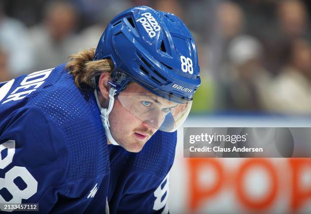 William Nylander of the Toronto Maple Leafs waits for play to resume against the Florida Panthers during the first period in an NHL game at...