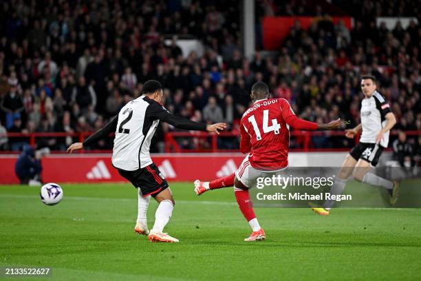 Callum Hudson-Odoi of Nottingham Forest scores his team's first goal during the Premier League match between Nottingham Forest and Fulham FC at the...