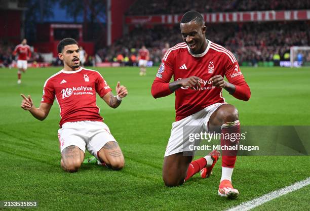 Callum Hudson-Odoi of Nottingham Forest celebrates scoring his team's first goal during the Premier League match between Nottingham Forest and Fulham...