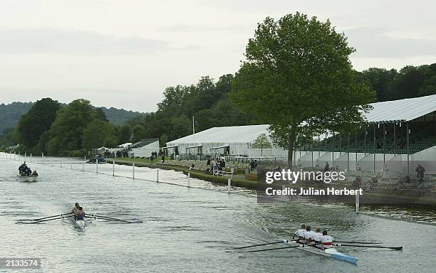 National University Of Ireland, Galway and Skibbereen Rowing Club of Ireland lead Durham University home during a heat of The Visitor's Challenge Cup...