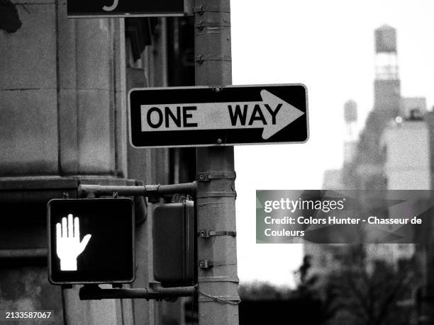 close-up of a don't walk signal and a one way road sign on a pole in manhattan, new york state, united states.
background (blur): buildings with water tanks on roofs and gray sky.
black and white photograph with a noise effect.
day light. - one way stock pictures, royalty-free photos & images