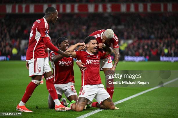 Morgan Gibbs-White of Nottingham Forest celebrates scoring his team's third goal during the Premier League match between Nottingham Forest and Fulham...