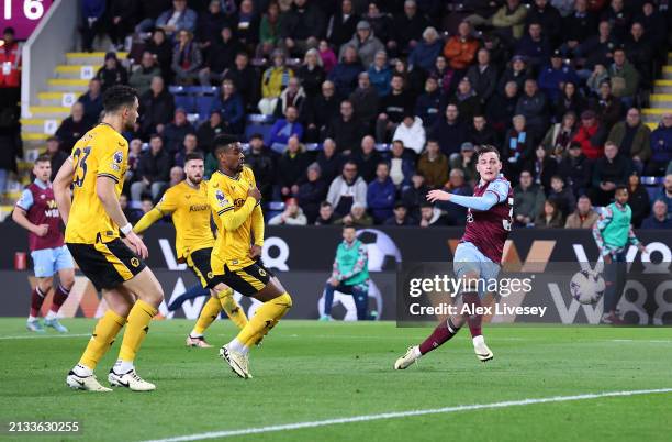 Jacob Bruun Larsen of Burnley scores his team's first goal during the Premier League match between Burnley FC and Wolverhampton Wanderers at Turf...