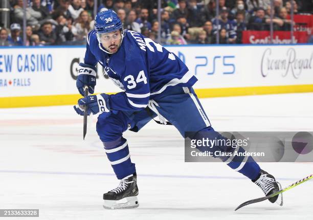 Auston Matthews of the Toronto Maple Leafs skates against the Florida Panthers during the second period in an NHL game at Scotiabank Arena on April...