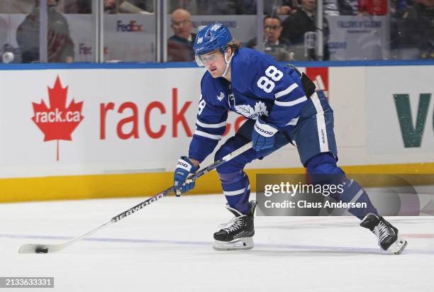 William Nylander of the Toronto Maple Leafs skates with the puck against the Florida Panthers during the second period in an NHL game at Scotiabank...