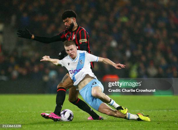 Philip Billing of AFC Bournemouth battles for possession with Adam Wharton of Crystal Palace during the Premier League match between AFC Bournemouth...