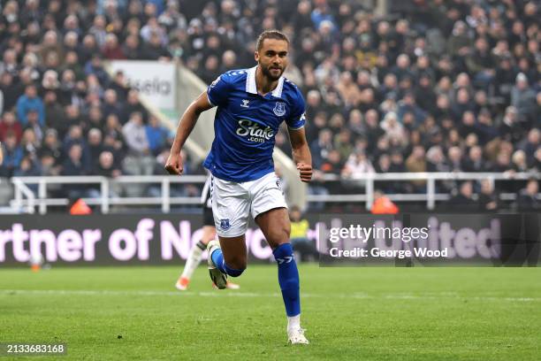 Dominic Calvert-Lewin of Everton celebrates scoring his team's first goal from a penalty kick during the Premier League match between Newcastle...