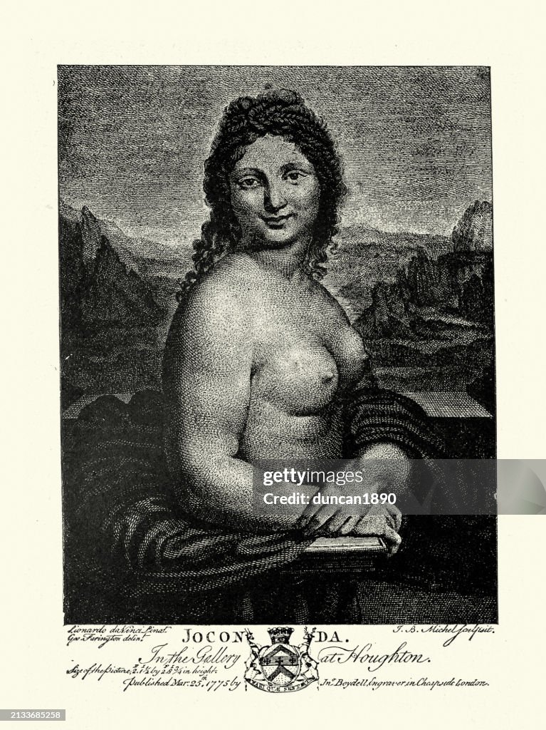 Vintage illustration, 18th Century English copperplate, A Mona Lisa, after Leonardo da Vinci