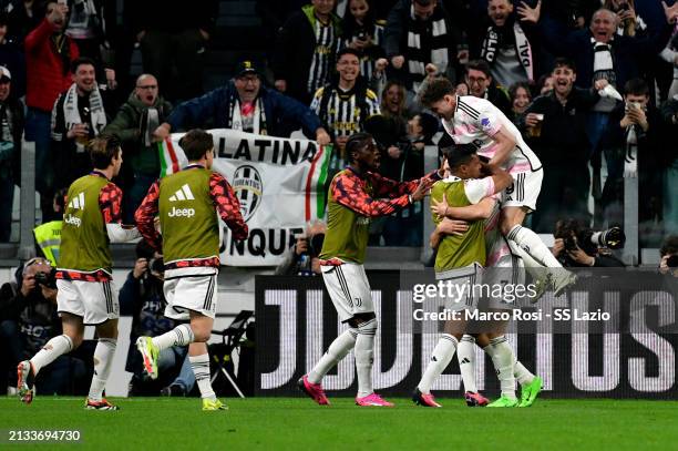 Federico Chiesa of Juventus celebrates a opening goal with his team mates during the semi-final Coppa Italia match between Juventus and SS Lazio at...
