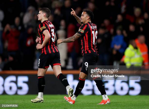 Justin Kluivert of AFC Bournemouth celebrates scoring his team's first goal with teammates during the Premier League match between AFC Bournemouth...