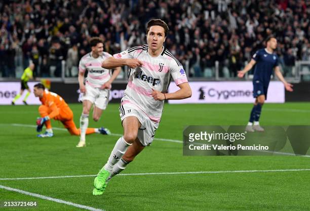 Federico Chiesa of Juventus celebrates scoring his team's first goal during the Coppa Italia Semi-Final match between Juventus FC and SS Lazio at the...