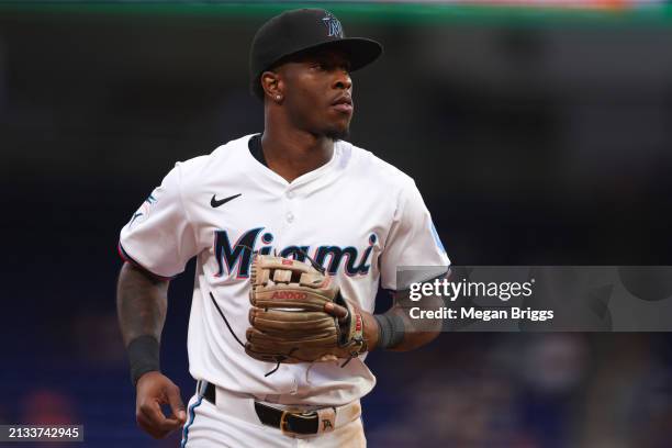 Tim Anderson of the Miami Marlins looks on against the Los Angeles Angels during the first inning of the game at loanDepot park on April 01, 2024 in...
