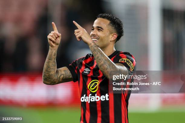 Goal-scorer Justin Kluivert of Bournemouth after his sides 1-0 win during the Premier League match between AFC Bournemouth and Crystal Palace at...