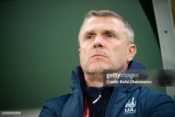 Serhii Rebrov head coach of Ukraine looks on prior to the UEFA EURO 2024 Play-Offs final match between Ukraine and Iceland at Tarczynski Arena on...