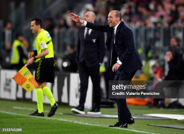 Massimiliano Allegri, Head Coach of Juventus, reacts during the Coppa Italia Semi-Final match between Juventus FC and SS Lazio at the Allianz Stadium...