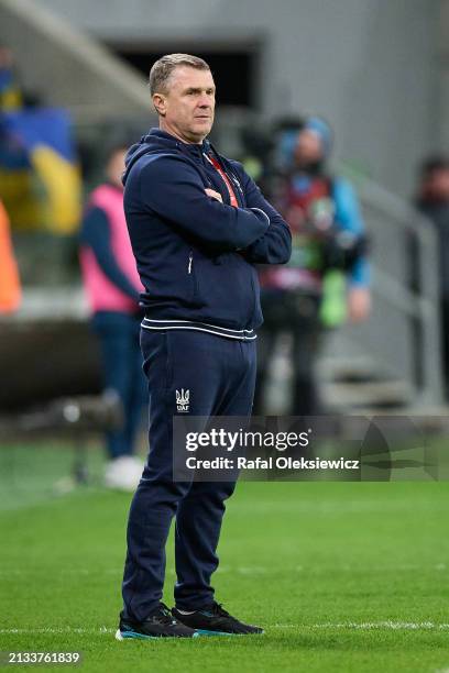 Serhii Rebrov head coach of Ukraine looks on during the UEFA EURO 2024 Play-Offs final match between Ukraine and Iceland at Tarczynski Arena on March...