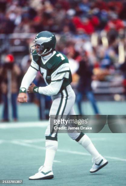Philadelphia Eagles quarterback Ron Jaworski throws a pass during a regular season game against the New York Giants on November 22, 1981 at Veterans...