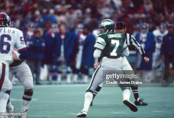 Philadelphia Eagles quarterback Ron Jaworski looks to pass during a regular season game against the New York Giants on November 22, 1981 at Veterans...