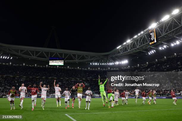 Juventus players celebrate the 2-0 victory following the final whistle of the Coppa Italia Semi Final match between Juventus FC and SS Lazio at...