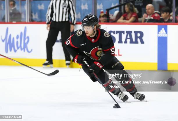 Angus Crookshank of the Ottawa Senators skates against the Chicago Blackhawks at Canadian Tire Centre on March 28, 2024 in Ottawa, Ontario.