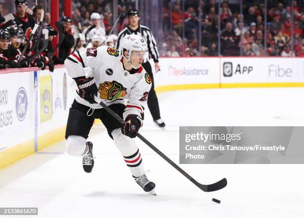 Lukas Reichel of the Chicago Blackhawks skates against the Ottawa Senators at Canadian Tire Centre on March 28, 2024 in Ottawa, Ontario.