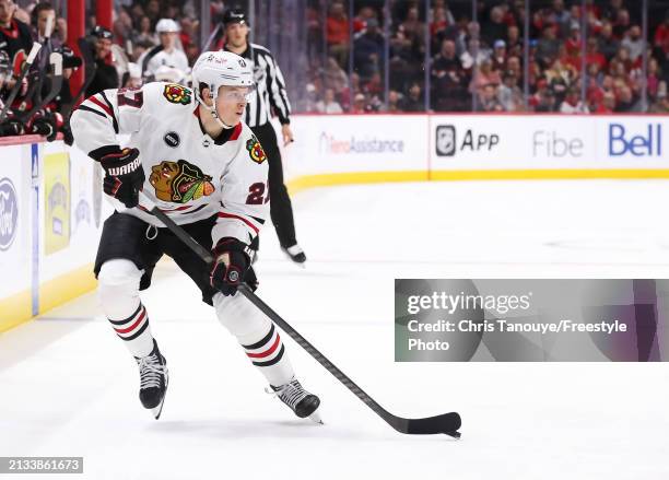 Lukas Reichel of the Chicago Blackhawks skates against the Ottawa Senators at Canadian Tire Centre on March 28, 2024 in Ottawa, Ontario.