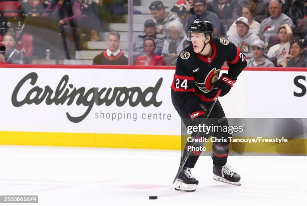 Jacob Bernard-Docker of the Ottawa Senators skates against the Chicago Blackhawks at Canadian Tire Centre on March 28, 2024 in Ottawa, Ontario.