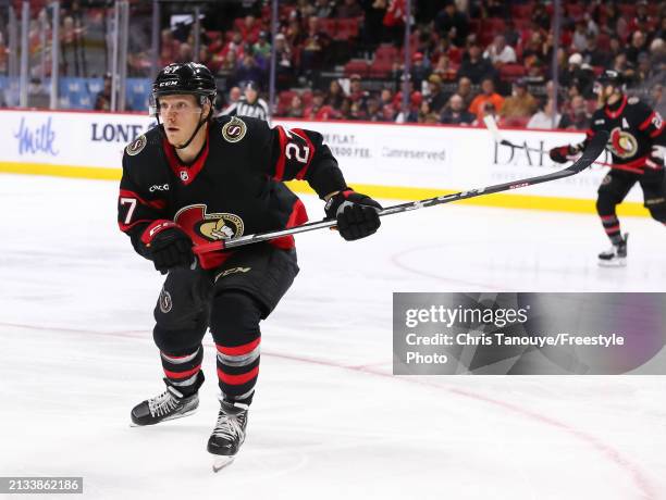 Parker Kelly of the Ottawa Senators skates against the Chicago Blackhawks at Canadian Tire Centre on March 28, 2024 in Ottawa, Ontario.