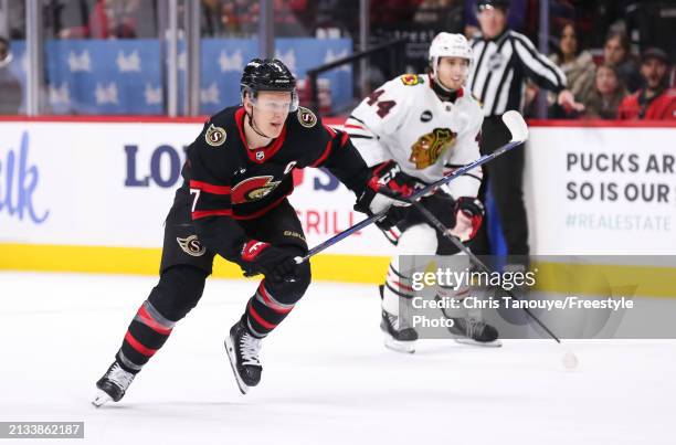 Brady Tkachuk of the Ottawa Senators skates against the Chicago Blackhawks at Canadian Tire Centre on March 28, 2024 in Ottawa, Ontario.