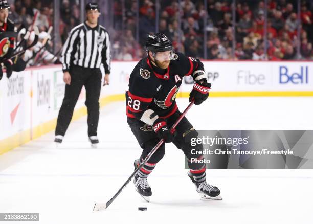 Claude Giroux of the Ottawa Senators skates against the Chicago Blackhawks at Canadian Tire Centre on March 28, 2024 in Ottawa, Ontario.