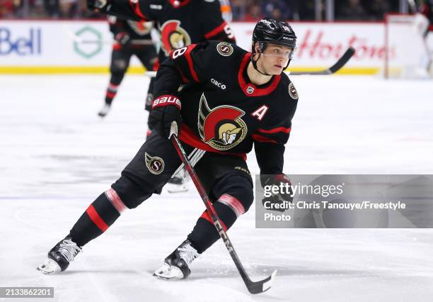Tim Stützle of the Ottawa Senators skates against the Chicago Blackhawks at Canadian Tire Centre on March 28, 2024 in Ottawa, Ontario.