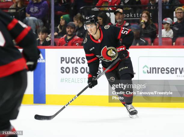 Shane Pinto of the Ottawa Senators skates against the Chicago Blackhawks at Canadian Tire Centre on March 28, 2024 in Ottawa, Ontario.