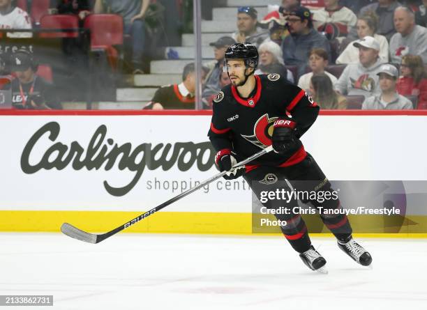 Artem Zub of the Ottawa Senators skates against the Chicago Blackhawks at Canadian Tire Centre on March 28, 2024 in Ottawa, Ontario.