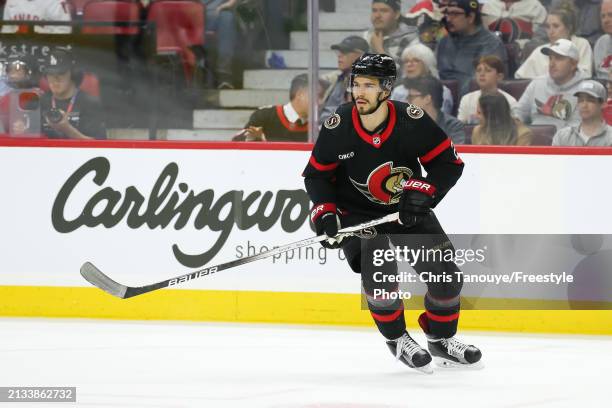 Artem Zub of the Ottawa Senators skates against the Chicago Blackhawks at Canadian Tire Centre on March 28, 2024 in Ottawa, Ontario.