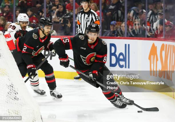 Jake Sanderson of the Ottawa Senators skates against the Chicago Blackhawks at Canadian Tire Centre on March 28, 2024 in Ottawa, Ontario.
