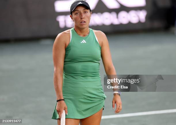 Jessica Pegula of the United States reacts in the first set against Amanda Anisimova of the United States on Day 2 of the WTA 500 Credit One...