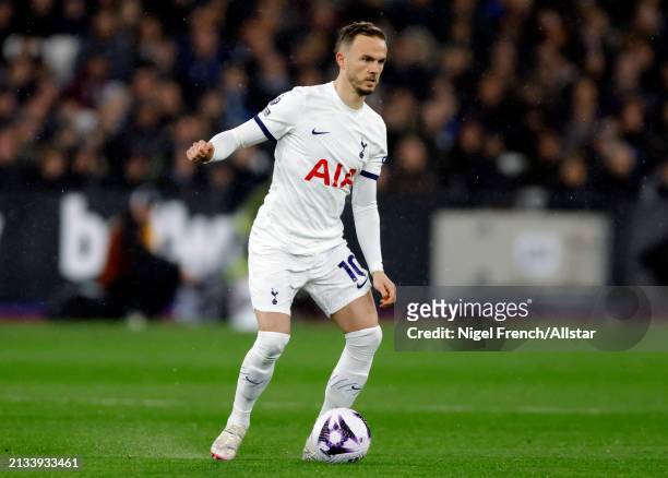 James Maddison of Tottenham Hotspur on the ball during the Premier League match between West Ham United and Tottenham Hotspur at London Stadium on...