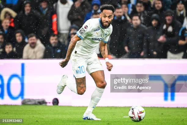 Pierre-Emerick Aubameyang of Marseille in action during the Ligue 1 Uber Eats match between Olympique de Marseille and Paris Saint-Germain at Orange...