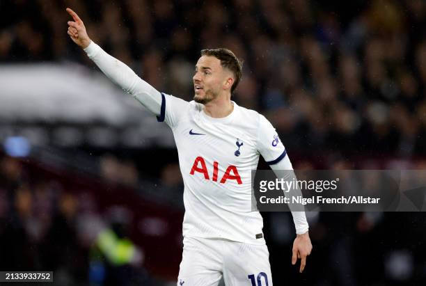 James Maddison of Tottenham Hotspur pointing during the Premier League match between West Ham United and Tottenham Hotspur at London Stadium on April...