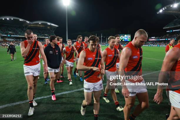 The Bombers after their loss during the 2024 AFL Round 04 match between the Port Adelaide Power and the Essendon Bombers at Adelaide Oval on April...