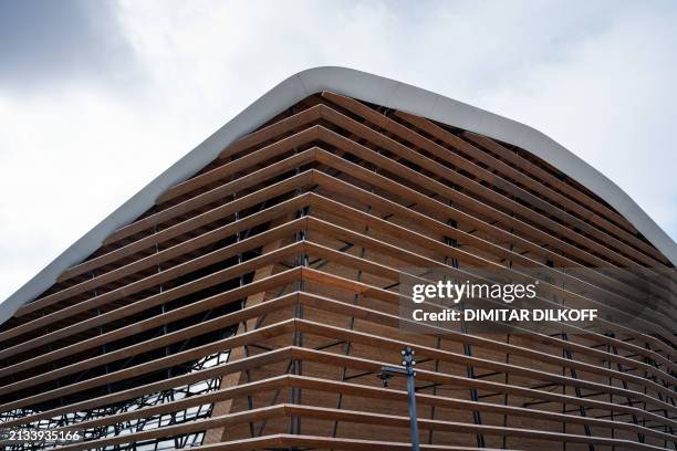 This photograph taken on March 28, 2024 shows the Aquatics Centre built for the Paris 2024 Olympic Games to be used for artistic swimming, diving and...