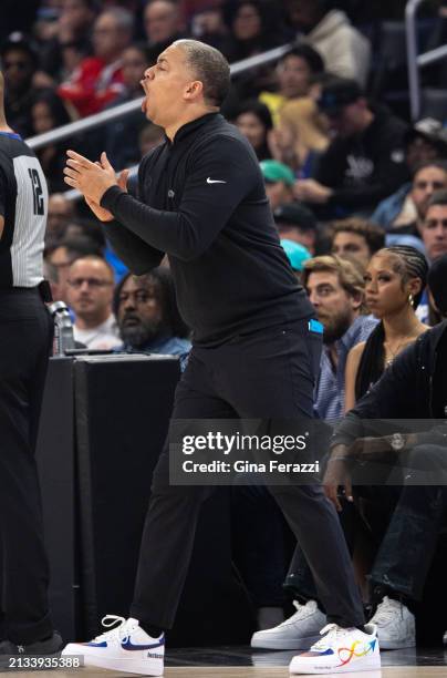 Clippers head coach Tyronn Lue yells out an offensive play against the Denver Nuggets in the first half at Crypto.com Arena on April 4, 2024 in Los...