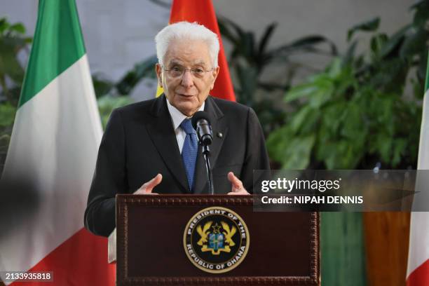 Italian President Sergio Mattarella gestures as he speaks during a press conference with Ghanaian President Nana Addo Dankwa Akufo-Addo after their...