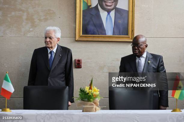 Italian President Sergio Mattarella and Ghanaian President Nana Addo Dankwa Akufo-Addo pose ahead of their meeting at the Jubilee House in Accra, on...