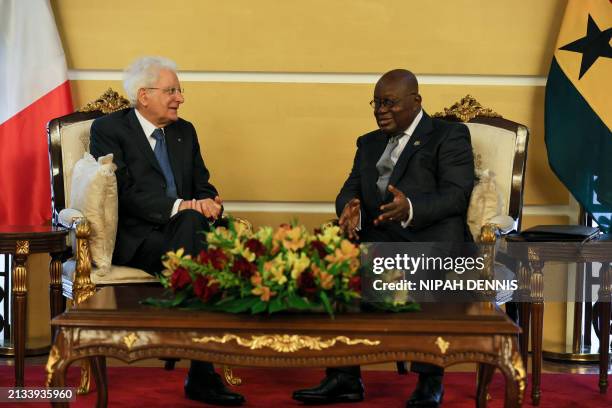 Italian President Sergio Mattarella is received by Ghanaian President Nana Addo Dankwa Akufo-Addo at the Jubilee House in Accra, on April 5, 2024.